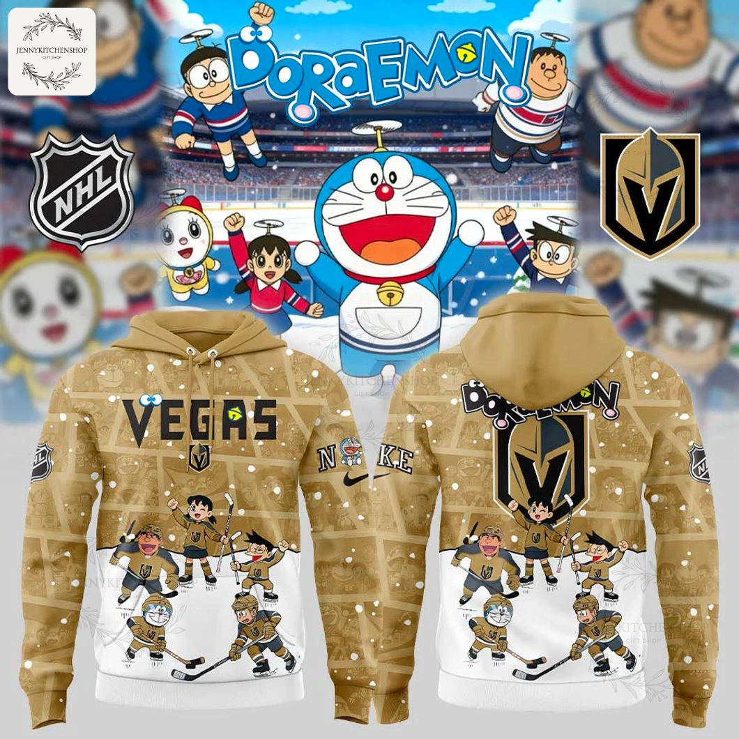 Beige hoodie featuring Vegas Golden Knights artwork and Doraemon and friends illustration across the front, hockey-themed graphics in gold and white tones.