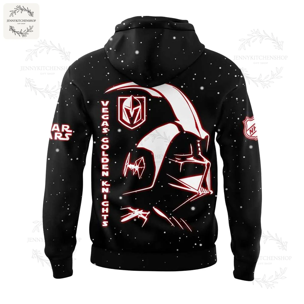 Back View of the Vegas Golden Knights Star Wars Hoodie Back of the black Vegas Golden Knights Star Wars hoodie with a large outline graphic of Darth Vader's helmet and TIE fighters.