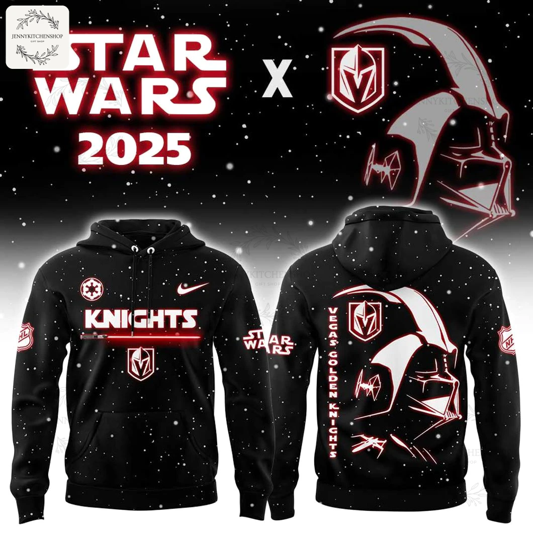 Promotional image showing the front and back of the Vegas Golden Knights Star Wars black hoodie with Darth Vader graphics.