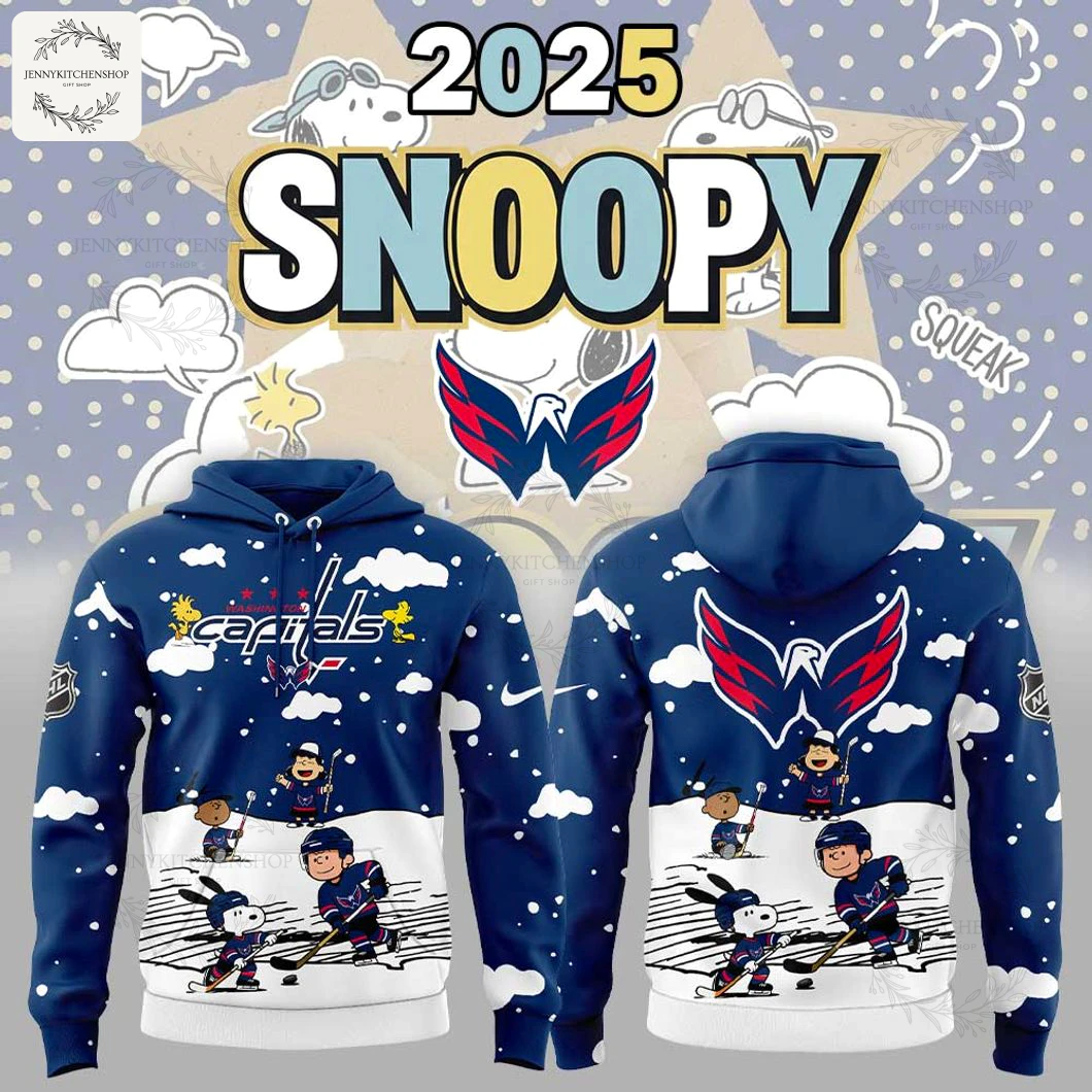 Front and back of the Washington Capitals Snoopy 2025 hoodie, featuring Peanuts characters playing hockey on a promotional background.
