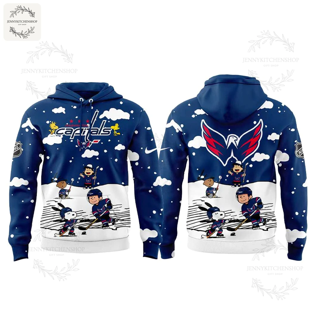 Product mockup showing the front and back of the Washington Capitals Snoopy Peanuts 2025 hoodie against a plain white background.