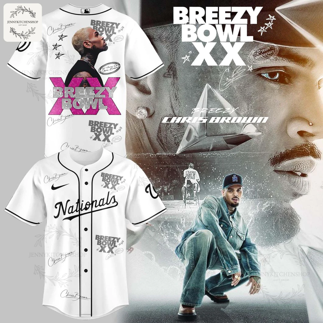 Collage of the white Washington Nationals Chris Brown Breezy Bowl XX jersey, showing the front 'Nationals' script and back graphic.