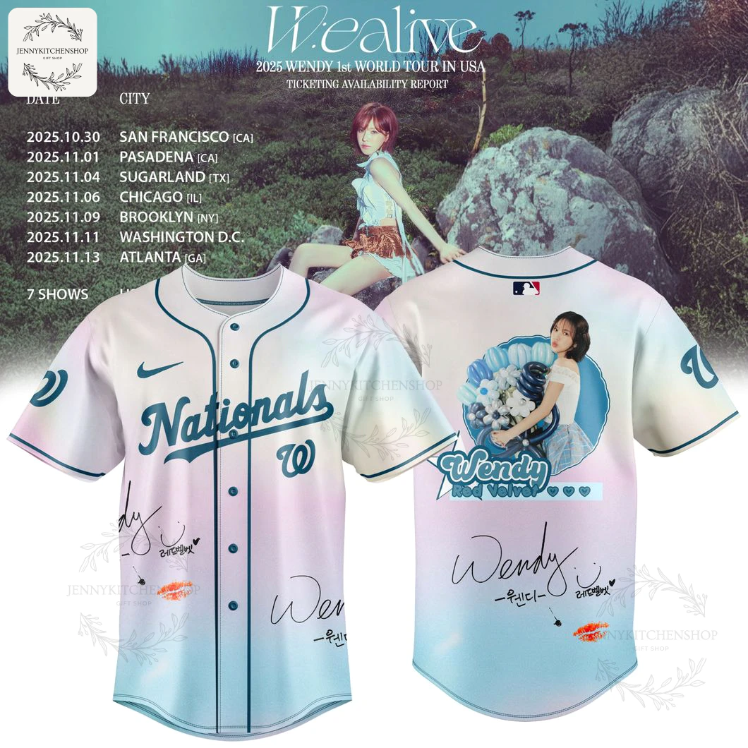 Front view of the Washington Nationals x Wendy Wealive 2025 First Solo World Tour In USA Jersey with Nationals script logo and autograph graphics.