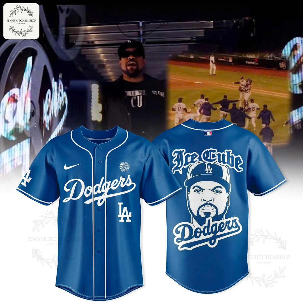 Front and back views of the West Coast Vibes x Dodgers Ice Cube jersey, featuring the Dodgers logo and a large Ice Cube graphic.