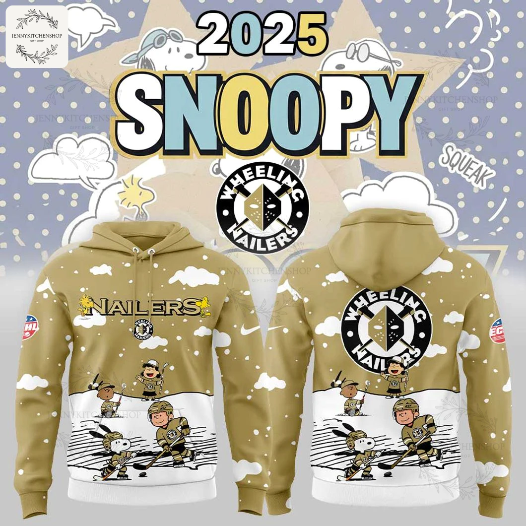 Promo art for the Wheeling Nailers x Snoopy hoodie, showing front and back views with Peanuts hockey graphics.