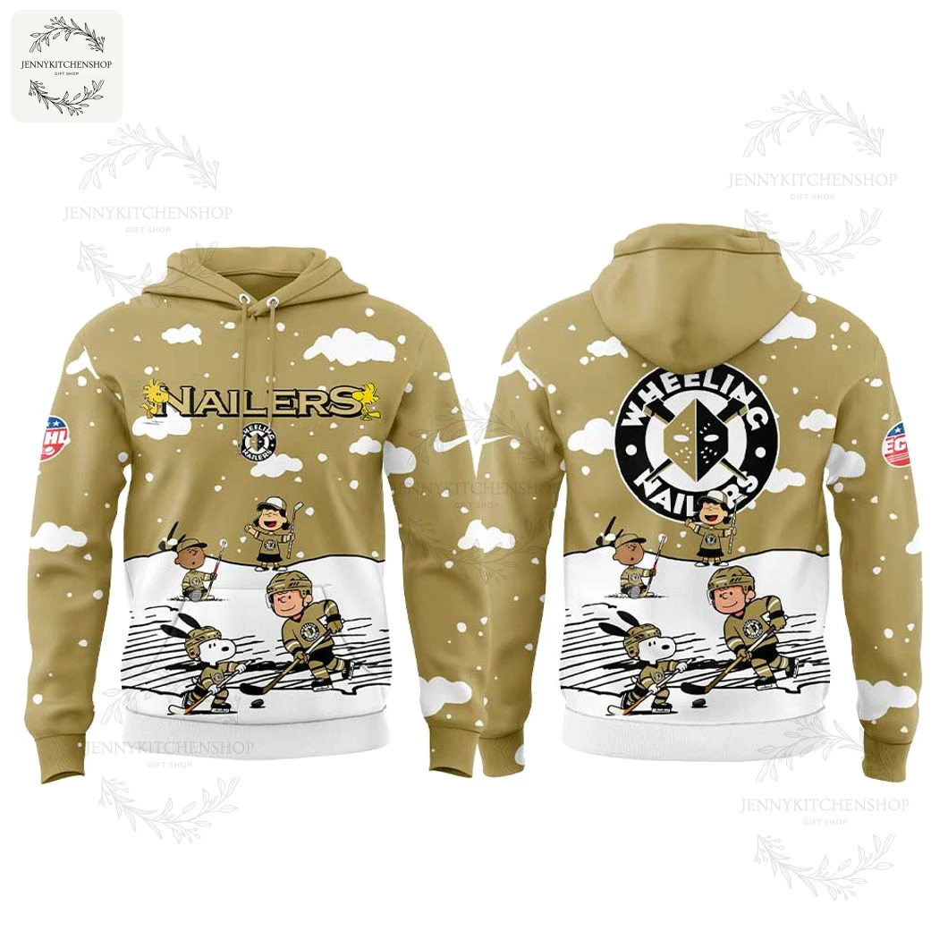 Front and back view of the tan Wheeling Nailers Snoopy hoodie featuring characters playing ice hockey.