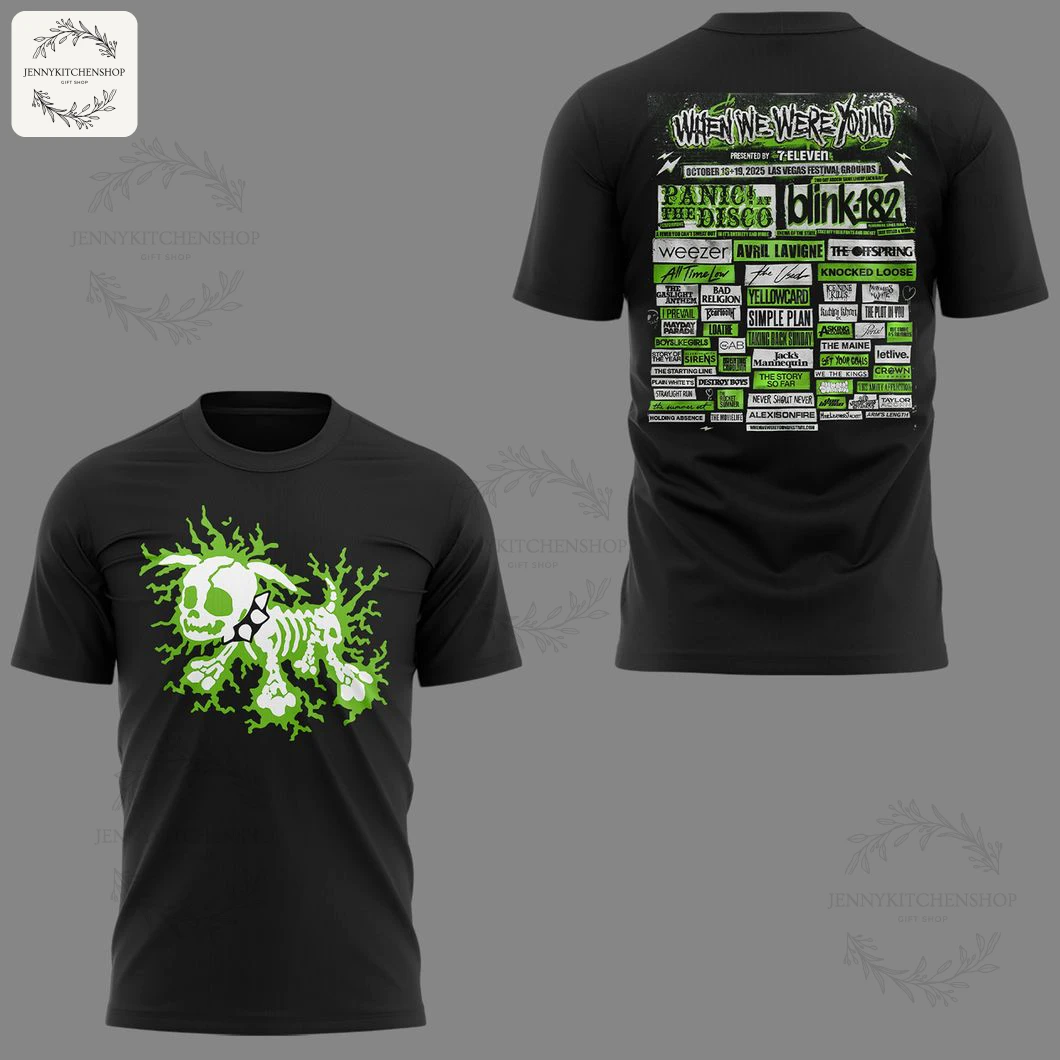 A 3D render of a black t-shirt showing the front with a rabbit graphic and an angled view of the back with the festival lineup.
