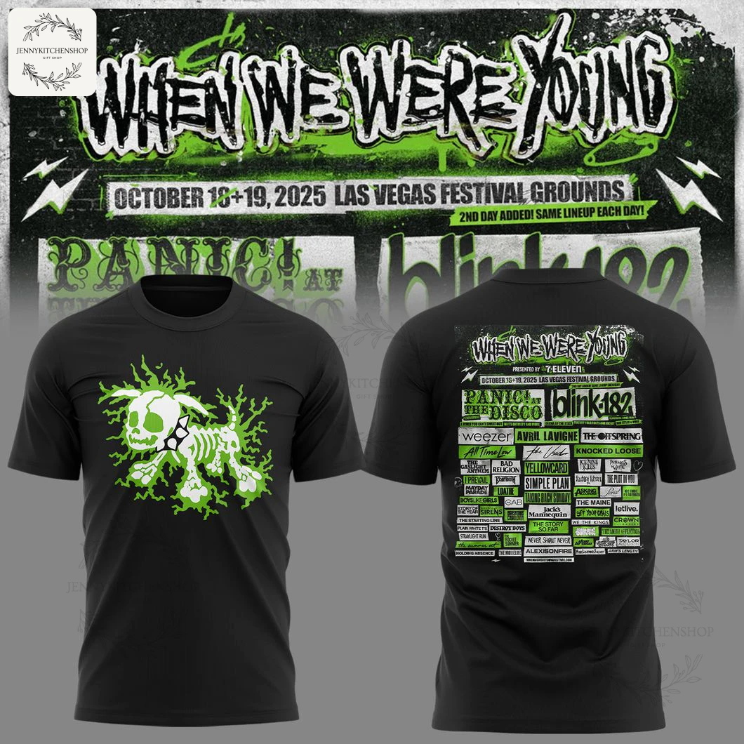 Front and back views of a black t-shirt with a green Blink-182 rabbit logo, set against the When We Were Young 2025 poster.