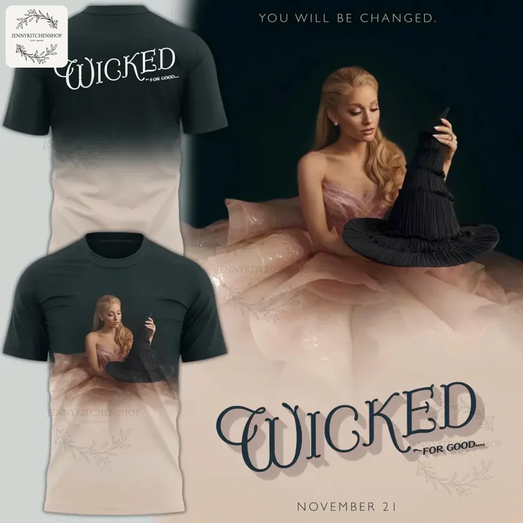 A promotional image showing the front and back of the Wicked movie tee next to the movie poster of Glinda in a pink dress.