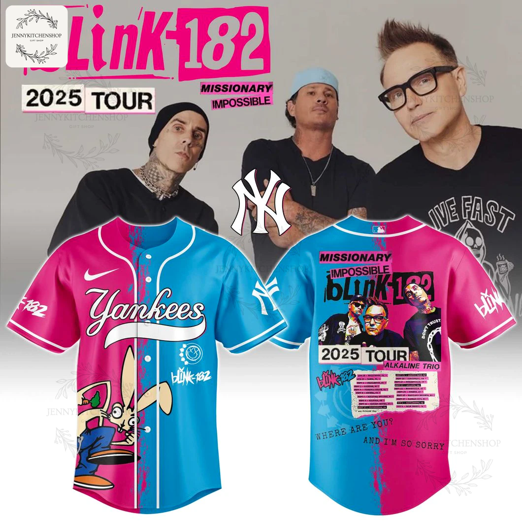 Promotional image of the New York Yankees x Blink-182 jersey, showing the front and back designs with the band in the background.