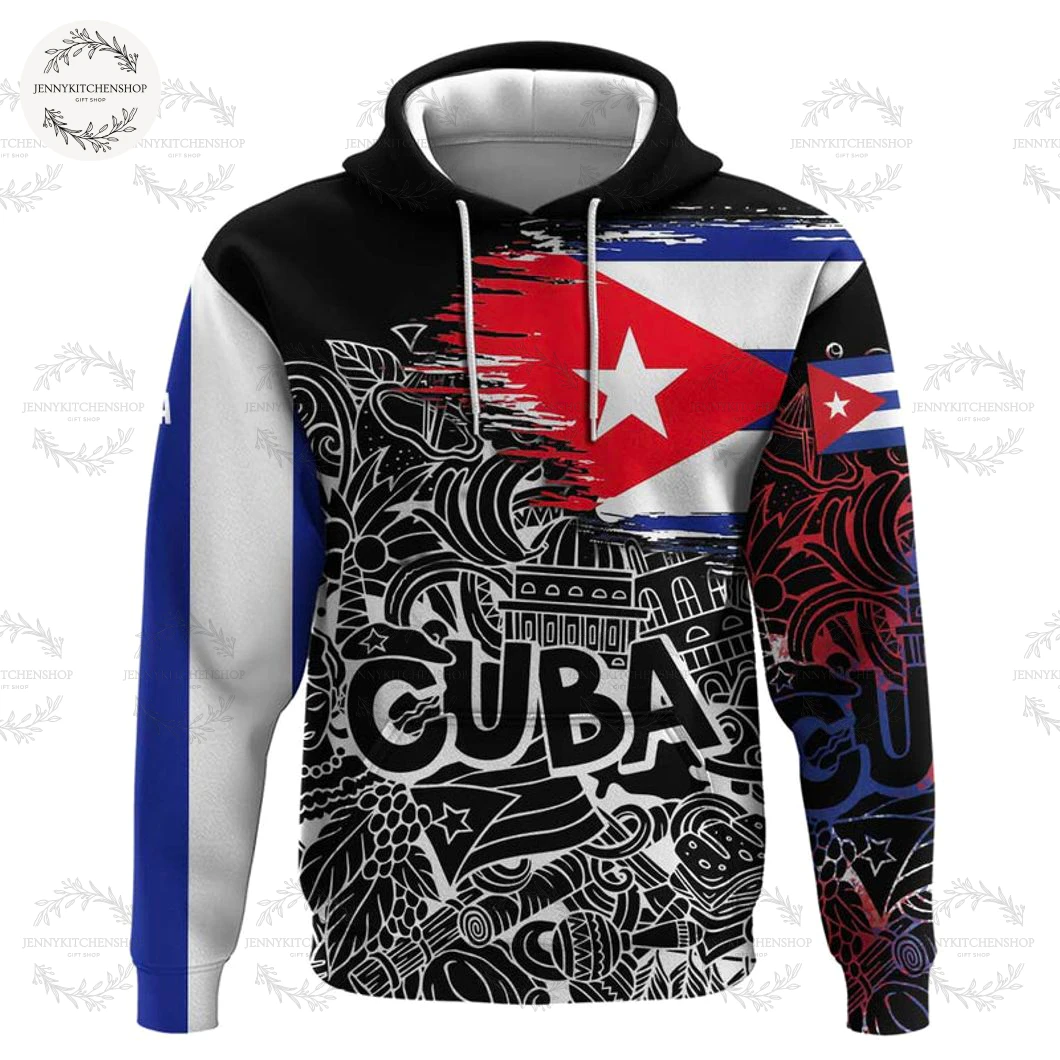 Cuba Flag Black with Red White Blue Patriotic Graphics and Cultural Doodle Hoodie