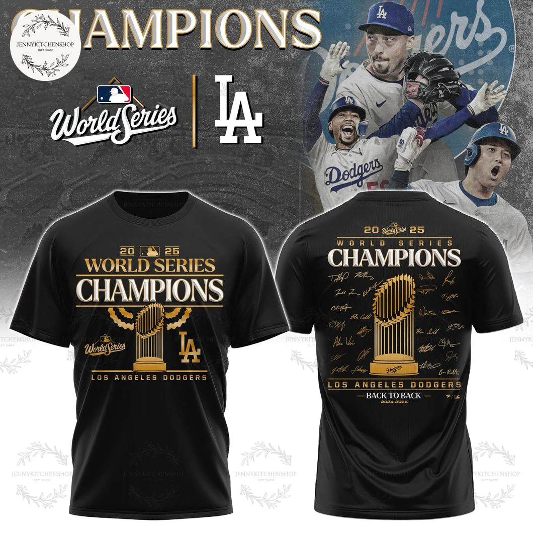 Los Angeles Dodgers 2025 Champions World Series Black Collection T-Shirt Hoodie