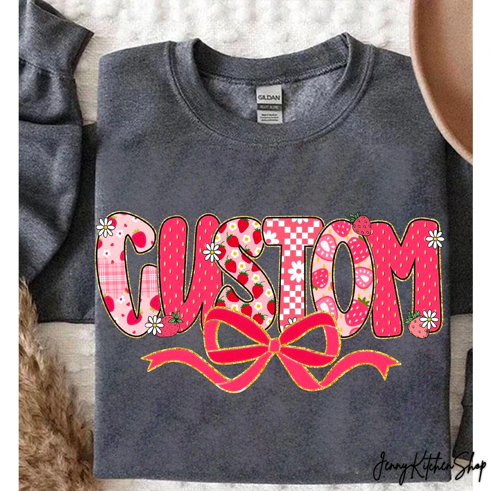 Preppy Custom Strawberry Glitter Coquette Bow Shirt