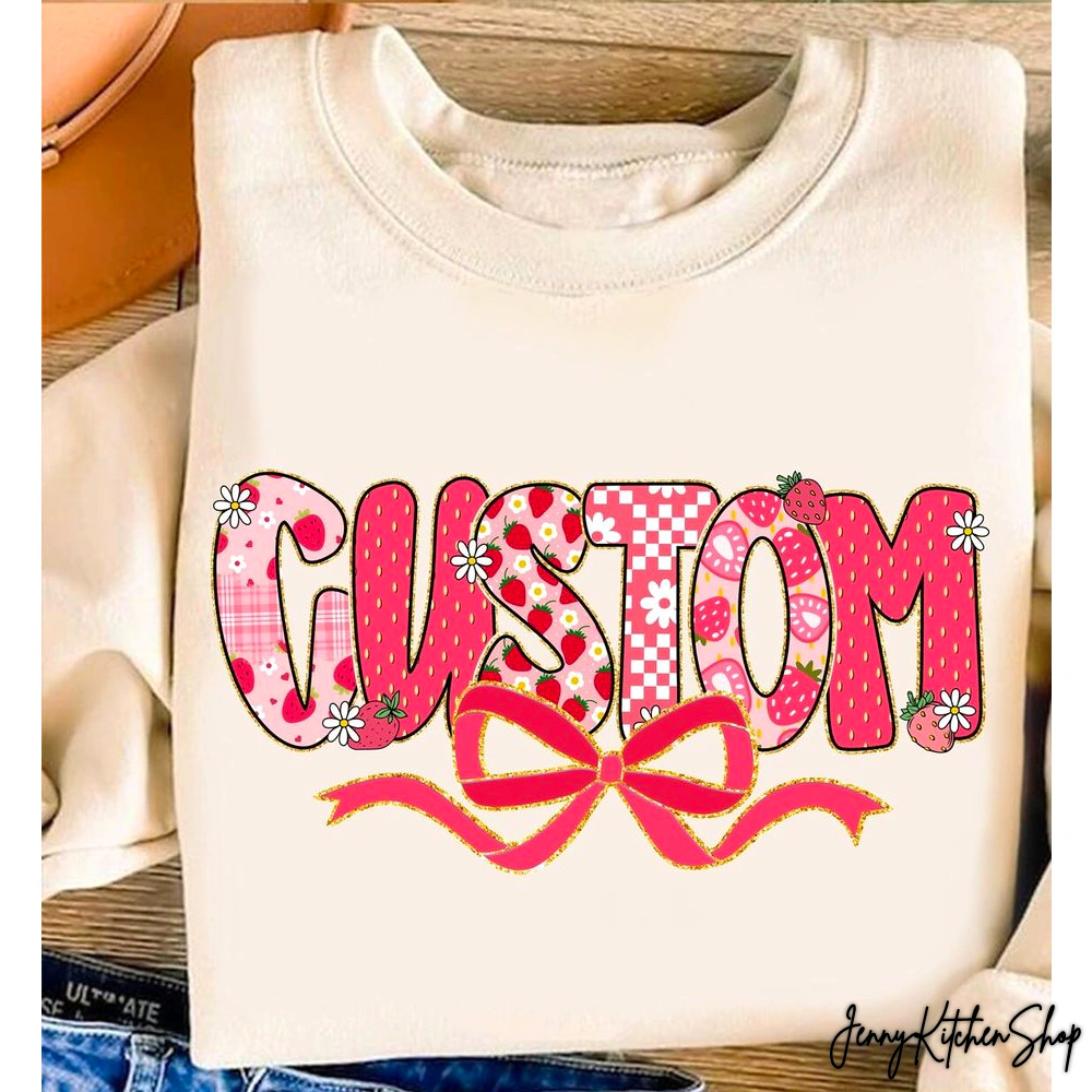 Preppy Custom Strawberry Glitter Coquette Bow Shirt