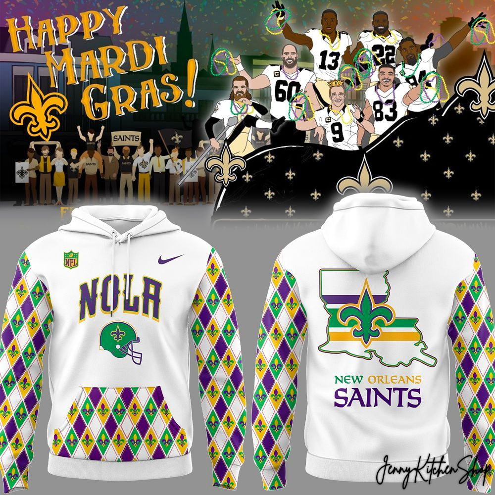 2026 New Orleans Saints Happy Mardi Gras Limited Hoodie 2026 New Orleans Saints Happy Mardi Gras Limited Hoodie