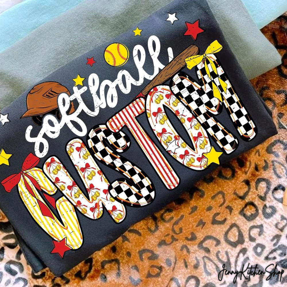 Custom Softball Mom Checkerboard Pattern Sports Graphic T-Shirt