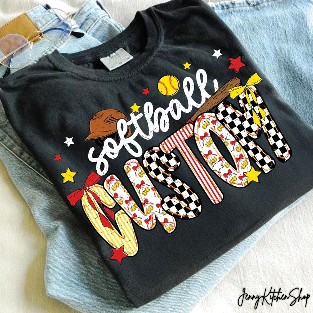 Custom Softball Mom Checkerboard Pattern Sports Graphic T-Shirt