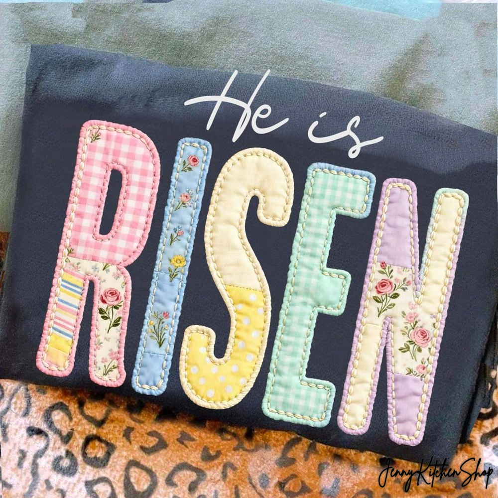 He Is Risen Christian Easter Faux Quilt Patchwork Graphic T-Shirt