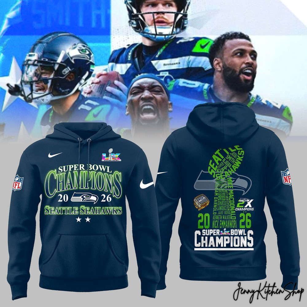 Seattle Seahawks 2X Super Bowl Champions Trophy Ring Design Pullover Hoodie