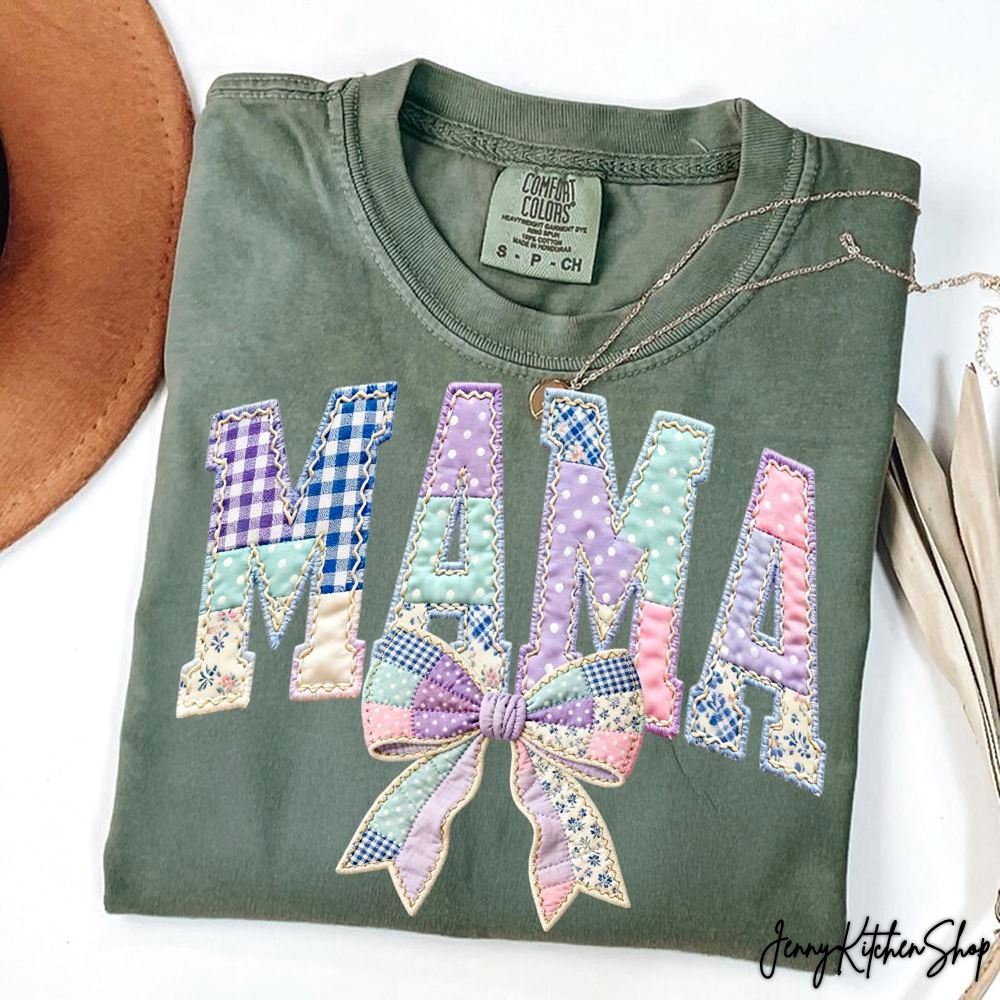 Coquette Patchwork Floral Mama Varsity Quilt Shirt