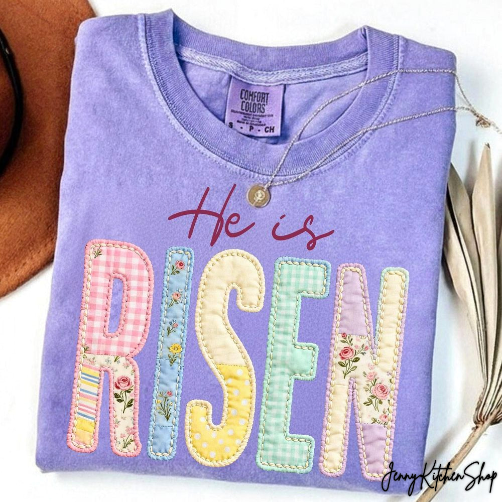He is Risen, Faux Embroidered Christian Sublimation, Varsity Faith Shirt