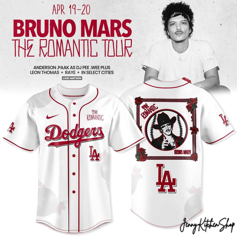 The Romantic Tour 2026 Los Angeles Dodgers x Bruno Mars Baseball Jersey