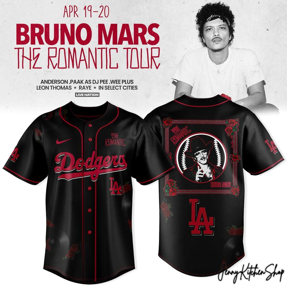 The Romantic Tour 2026 Los Angeles Dodgers x Bruno Mars Baseball Jersey