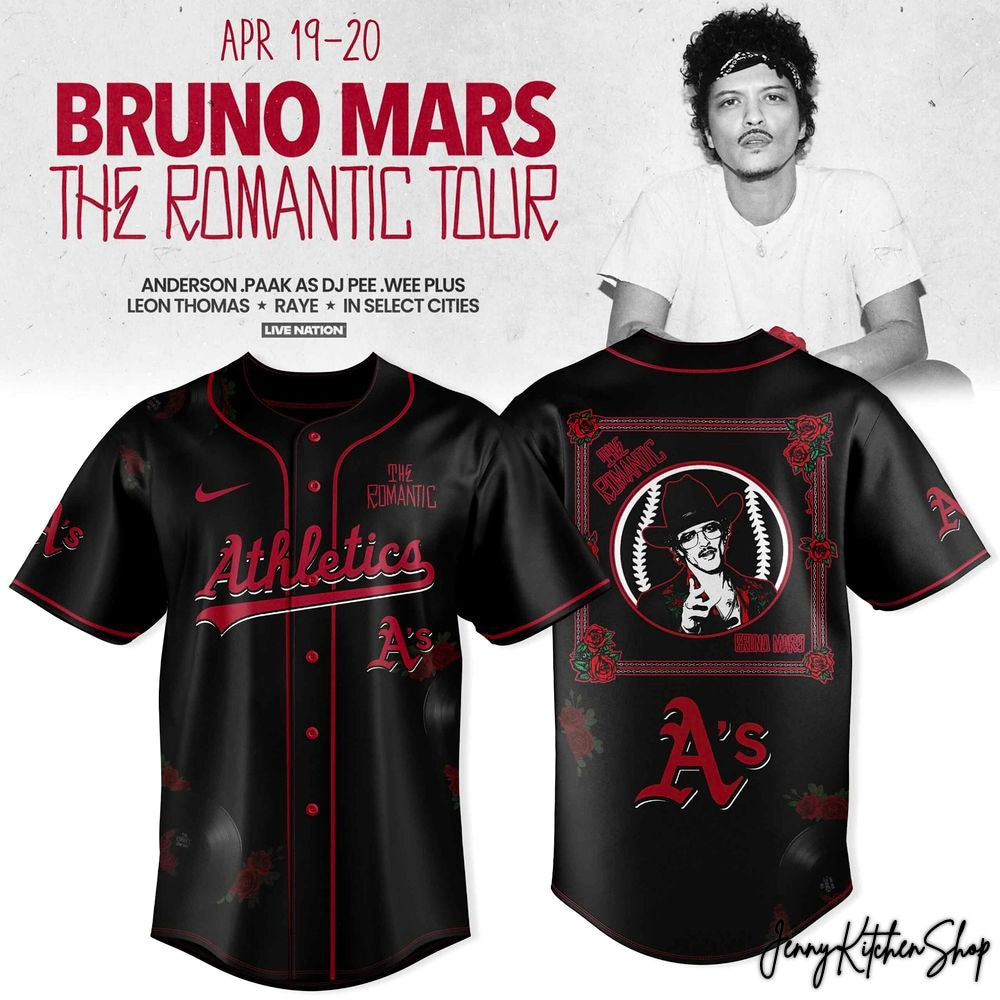 The Romantic Tour 2026 Oakland Athletics x Bruno Mars Baseball Jersey